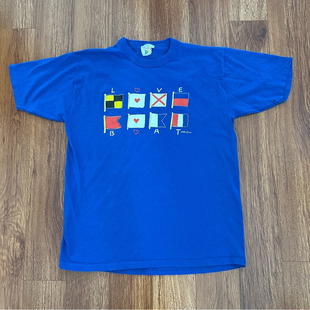 Vintage Ken Done XL Shirt Love Boat Flag Shirt Single Stitch Nautical Blue